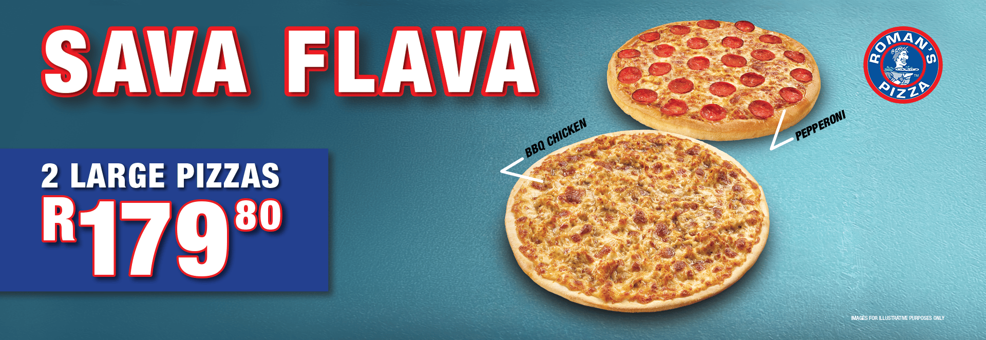 Double the flavour, double the satisfaction! 🍕 Grab 2 Large Pizzas for only R179.80 and enjoy crowd favourites like Pepperoni & BBQ Chicken. Order now and save with Sava Flava! 🔥
