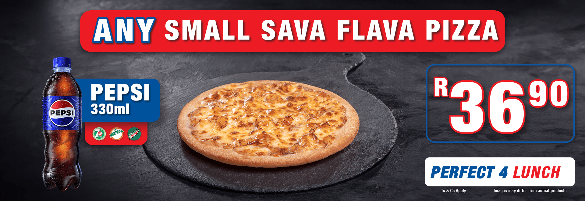 Roman’s Pizza Small SAVA FLAVA Combo – Get any small Sava Flava pizza with a 330ml Pepsi for only R36.90. Big flavour in a small package.